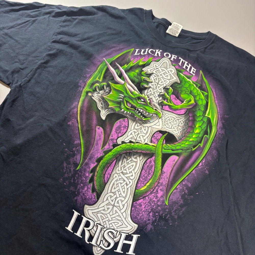 Luck Of The Irish Dragon Celtic Cross Graphic T Shirt Black 2XL